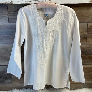 Boho Cottagecore Embroidered Peasant Style Cotton Blend White Blouse Top